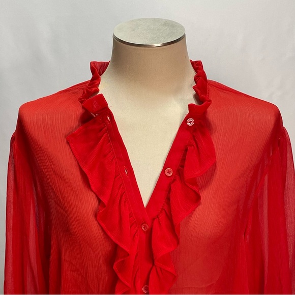 Zara NWT Semi Sheer Chiffon Blouse with Ruffles Women's Size XS - Picture 3 of 9